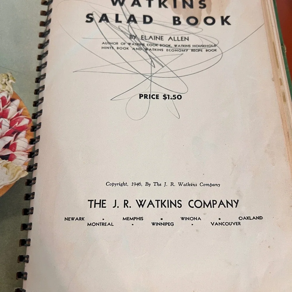 Vintage Watkins Salad Book Elaine Allen J.R. Watkins Co Spiral Bound Cookbook